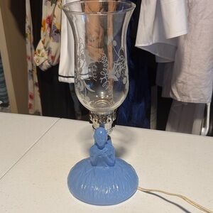 Vintage Blue Glass Lamp with Etched Design
